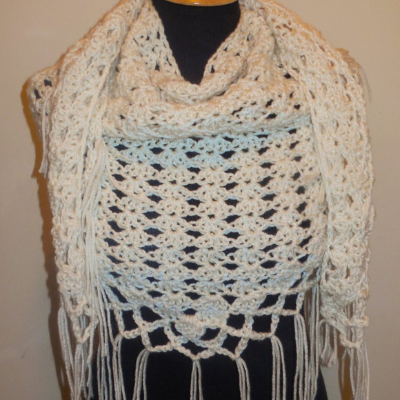 Crochet Shawl Long Fringe Scarf Triangle Handmade - Picture 5 of 7